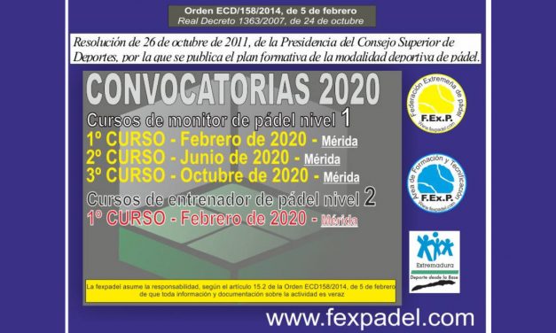 CURSOS DE FORMACIÓN DE PÁDEL PARA EL 2020