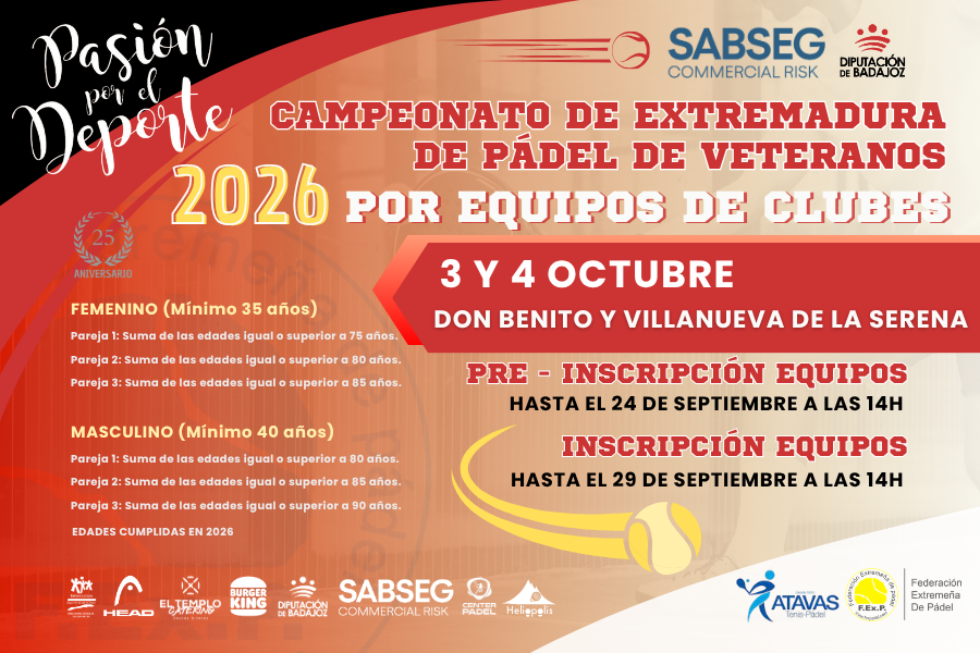 XVI CAMPEONATO DE EXTREMADURA DE PÁDEL POR EQUIPOS DE CLUBES EN CATEGORÍA DE VETERANOS 2026